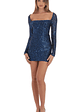 Blue Sequin Long Sleeve Open Back Bodycon Dress in Black - thumbnail 4