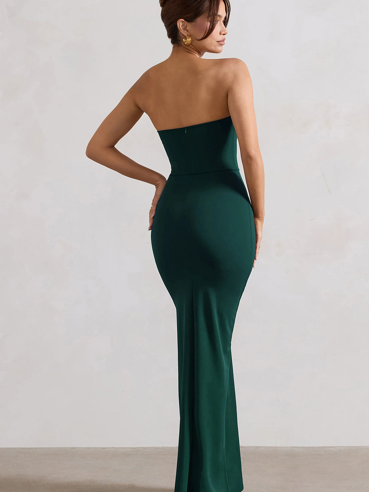 Belle of The Ball | Bottle Green Bandeau Maxi Dress With Split Hem 2
