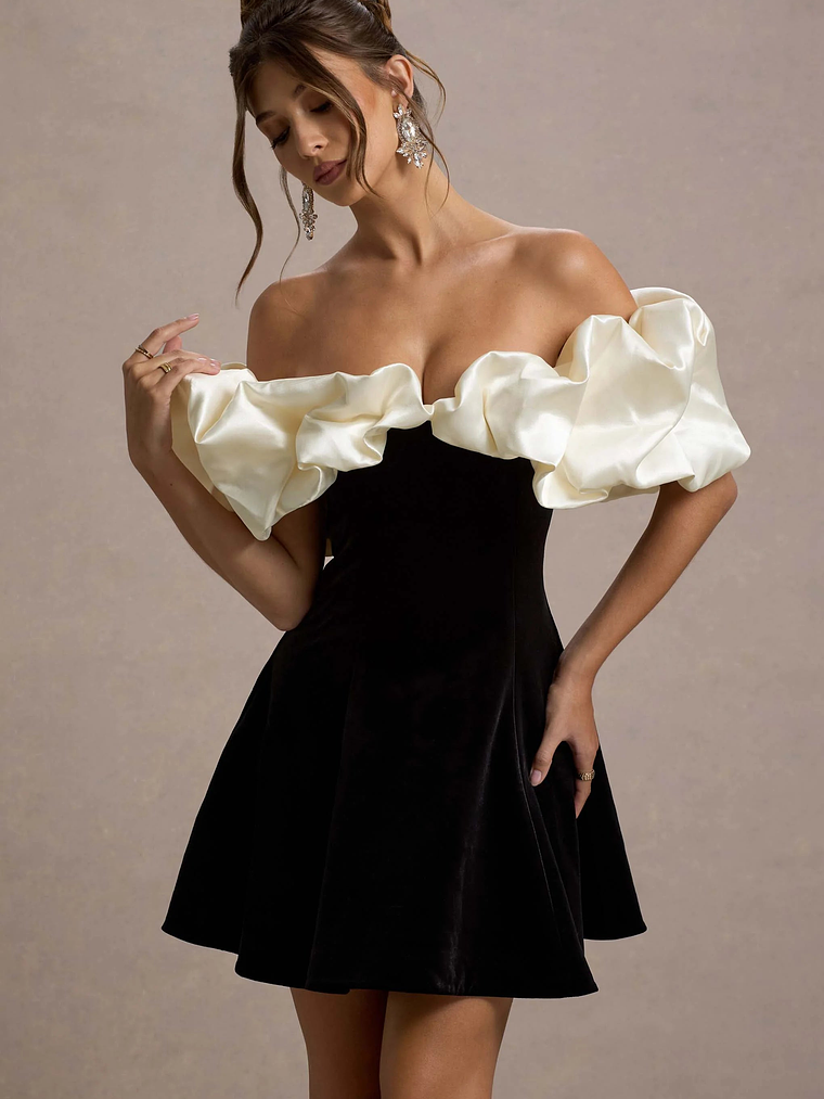Brynne | Black & Cream Velvet Mini Dress With Satin Puff Sleeves 3