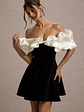 Brynne | Black & Cream Velvet Mini Dress With Satin Puff Sleeves - thumbnail 3