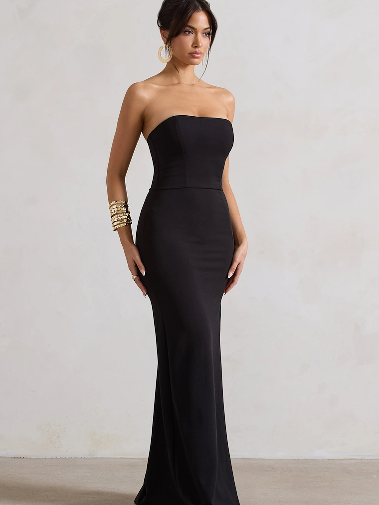 Belle of The Ball | Black Bandeau Maxi Dress With Split Hem 4