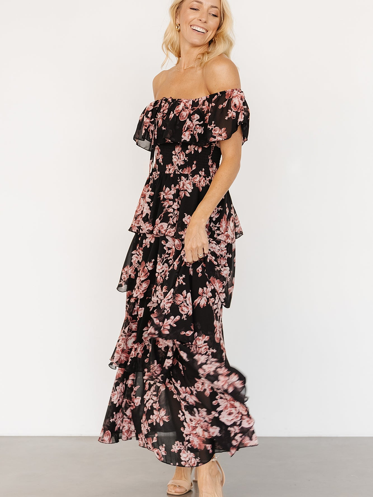 Carina Off Shoulder Maxi Dress | Black + Mauve Floral 3