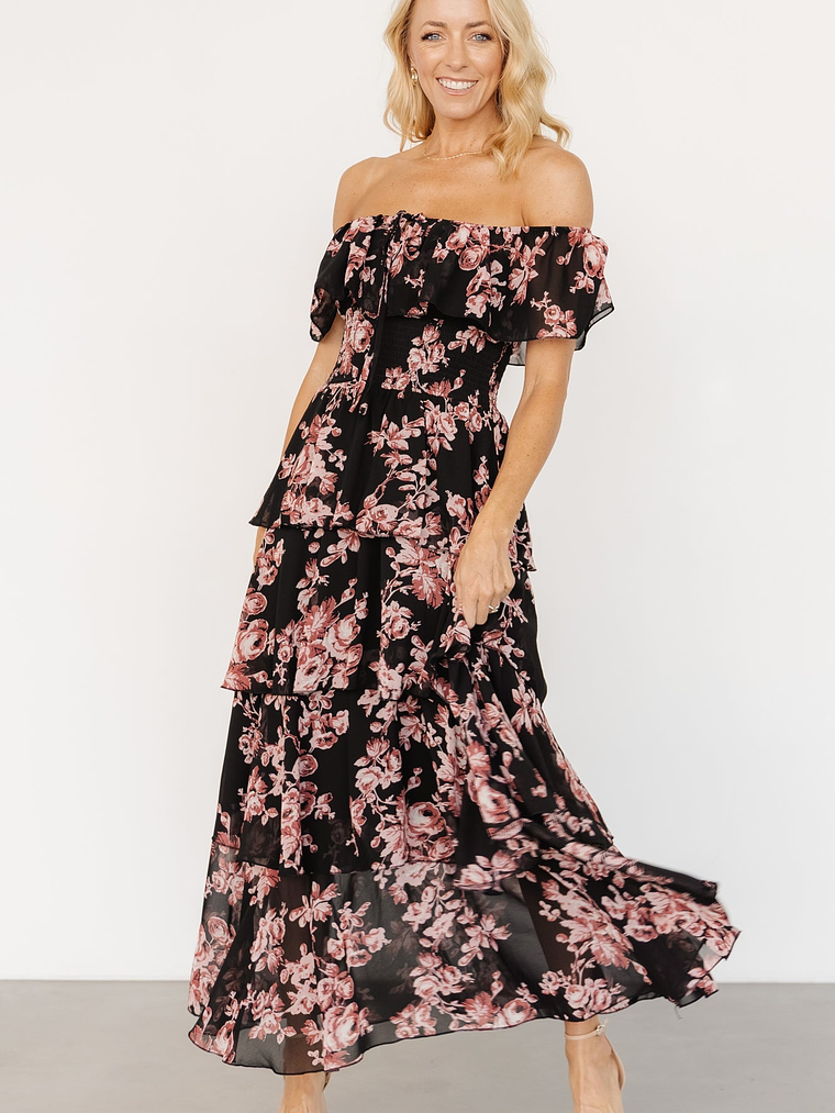 Carina Off Shoulder Maxi Dress | Black + Mauve Floral 5