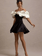 Brynne | Black & Cream Velvet Mini Dress With Satin Puff Sleeves - thumbnail 5