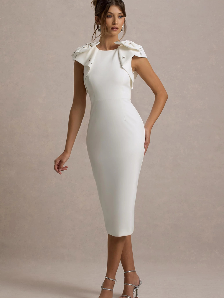 Aubrie | Ecru Midi Dress With Bow Details 4