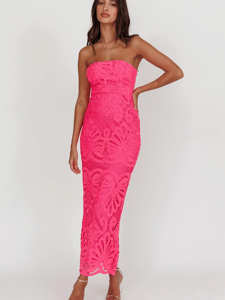 Bia Strapless Lace Embroidered Maxi Dress Hot Pink 1