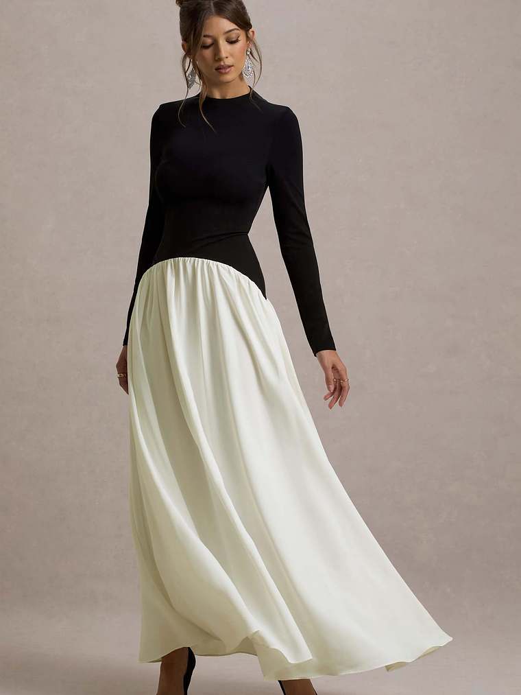 Benedetta | Black & Cream Long-Sleeve Drop-Waist Maxi Dress 1