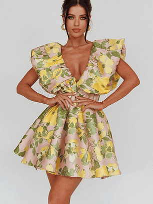 Bennet Puffed Neckline Mini Dress Floral Pink/Yellow