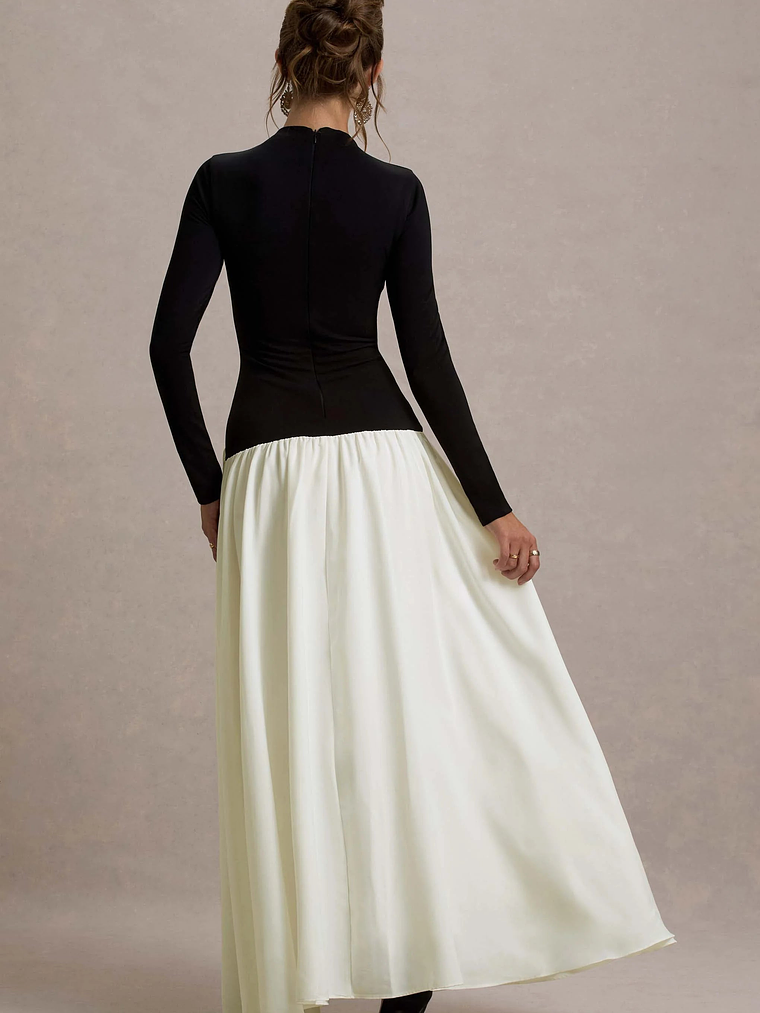 Benedetta | Black & Cream Long-Sleeve Drop-Waist Maxi Dress 2