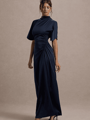 Audley | Navy Satin High-Neck Flutter-Sleeve Maxi Dress