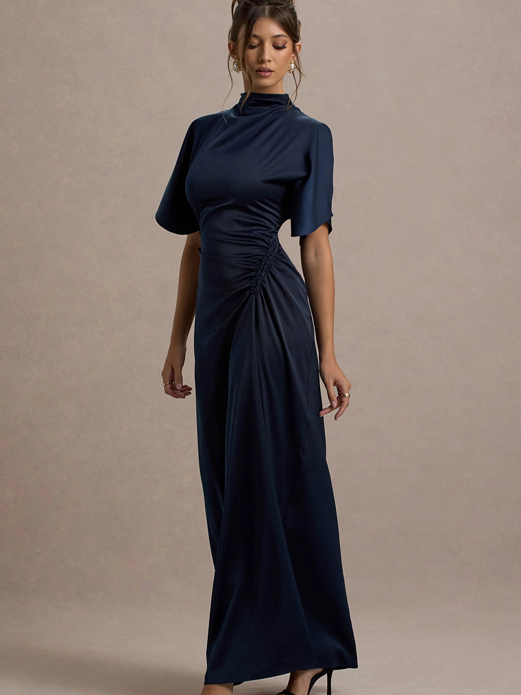 Audley | Navy Satin High-Neck Flutter-Sleeve Maxi Dress 1
