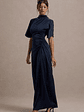 Audley | Navy Satin High-Neck Flutter-Sleeve Maxi Dress - thumbnail 1