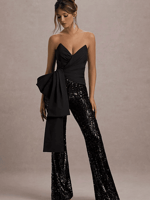 Bianco | Black Sequin Strapless Flared-Leg Jumpsuit With Drape