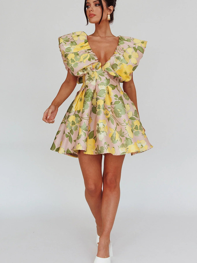 Bennet Puffed Neckline Mini Dress Floral Pink/Yellow 3