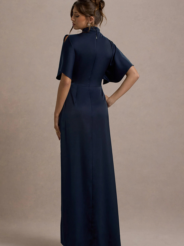 Audley | Navy Satin High-Neck Flutter-Sleeve Maxi Dress 2