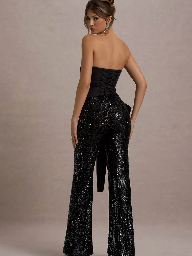 Bianco | Black Sequin Strapless Flared-Leg Jumpsuit With Drape 2