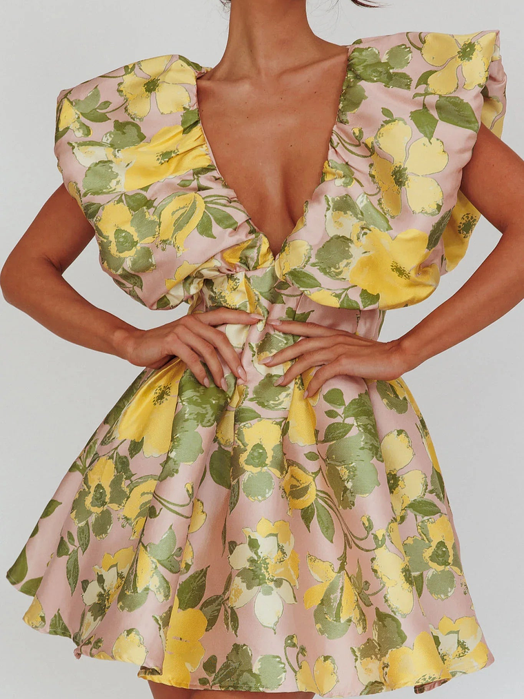 Bennet Puffed Neckline Mini Dress Floral Pink/Yellow 4