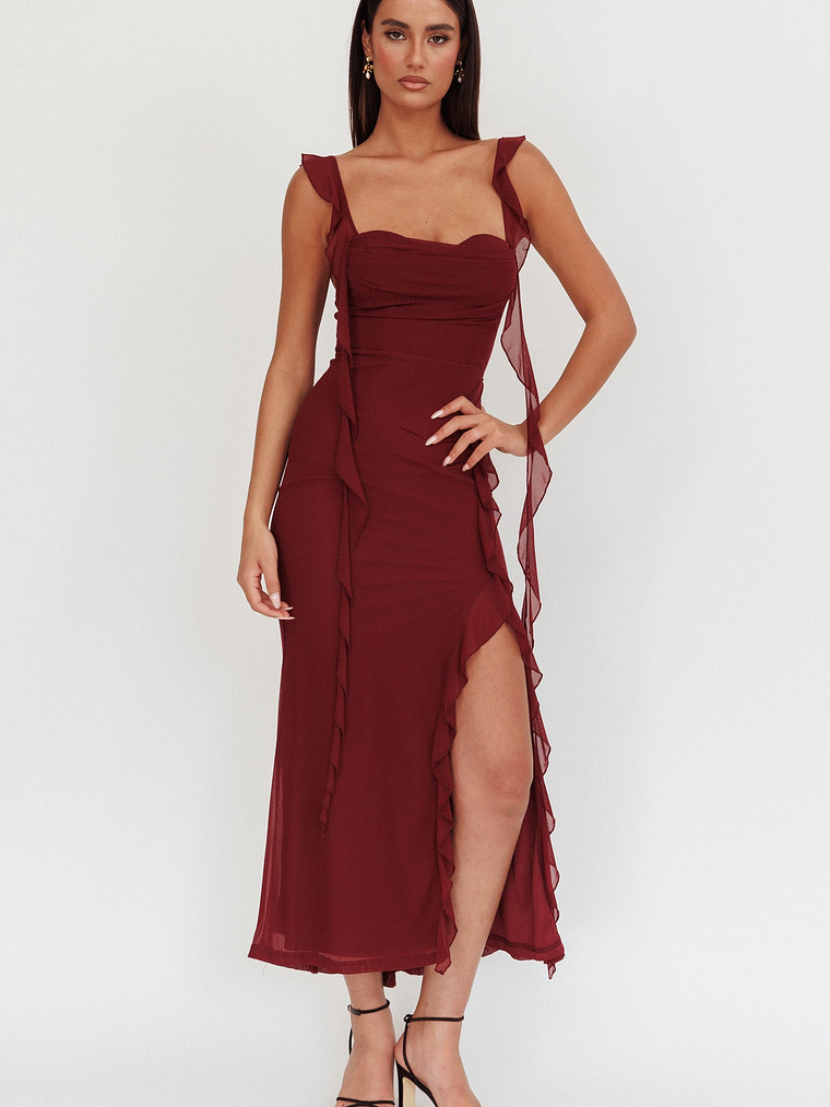 Blushing Ruffle Trim Maxi Dress Wine 1