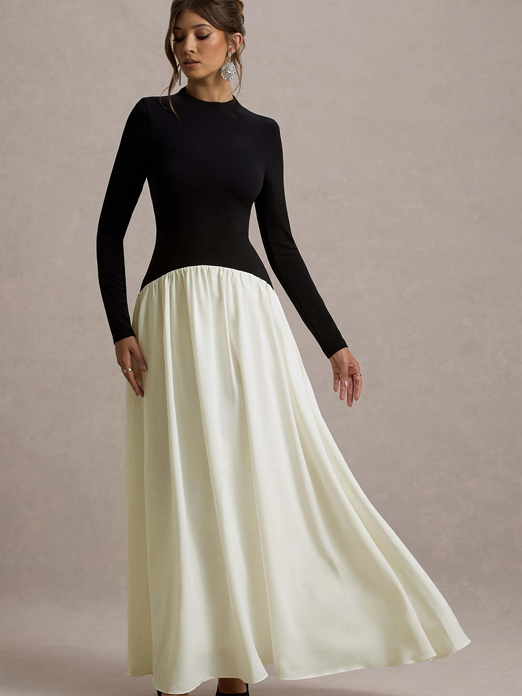 Benedetta | Black & Cream Long-Sleeve Drop-Waist Maxi Dress 4