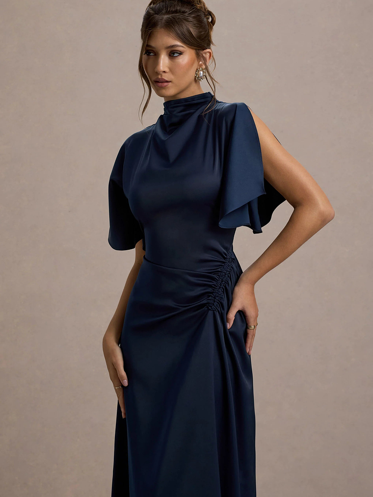 Audley | Navy Satin High-Neck Flutter-Sleeve Maxi Dress 3