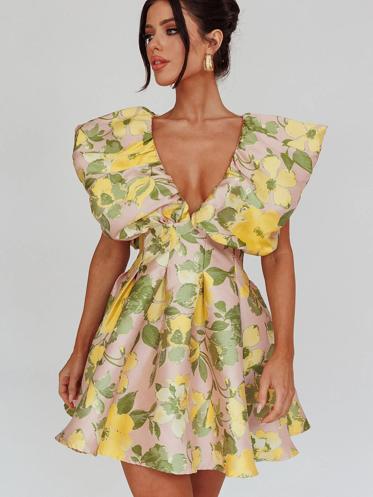 Bennet Puffed Neckline Mini Dress Floral Pink/Yellow 5