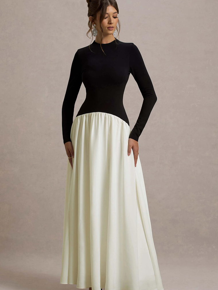 Benedetta | Black & Cream Long-Sleeve Drop-Waist Maxi Dress 5