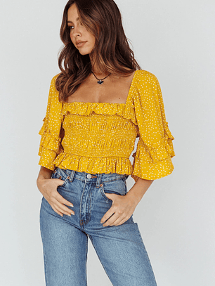 Boardwalk Bell Sleeve Crop Top Spotty Mustard