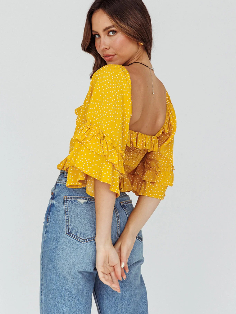 Boardwalk Bell Sleeve Crop Top Spotty Mustard 2