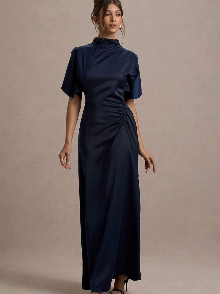 Audley | Navy Satin High-Neck Flutter-Sleeve Maxi Dress 4