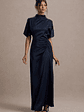Audley | Navy Satin High-Neck Flutter-Sleeve Maxi Dress - thumbnail 4
