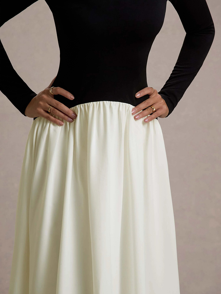 Benedetta | Black & Cream Long-Sleeve Drop-Waist Maxi Dress 6