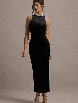 Audrine | Black Velvet Embellished High-Neck Maxi Dress