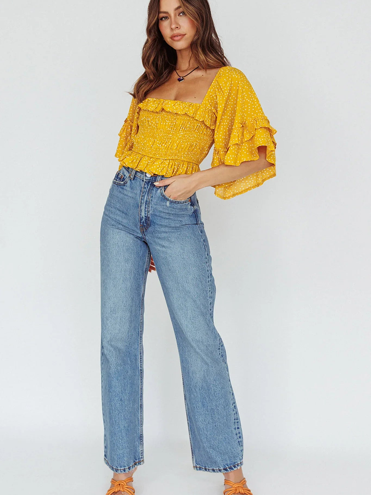 Boardwalk Bell Sleeve Crop Top Spotty Mustard 3