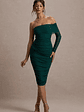 Bijou | Bottle Green Asymmetric Bardot Mesh Ruched Midi Dress - thumbnail 1