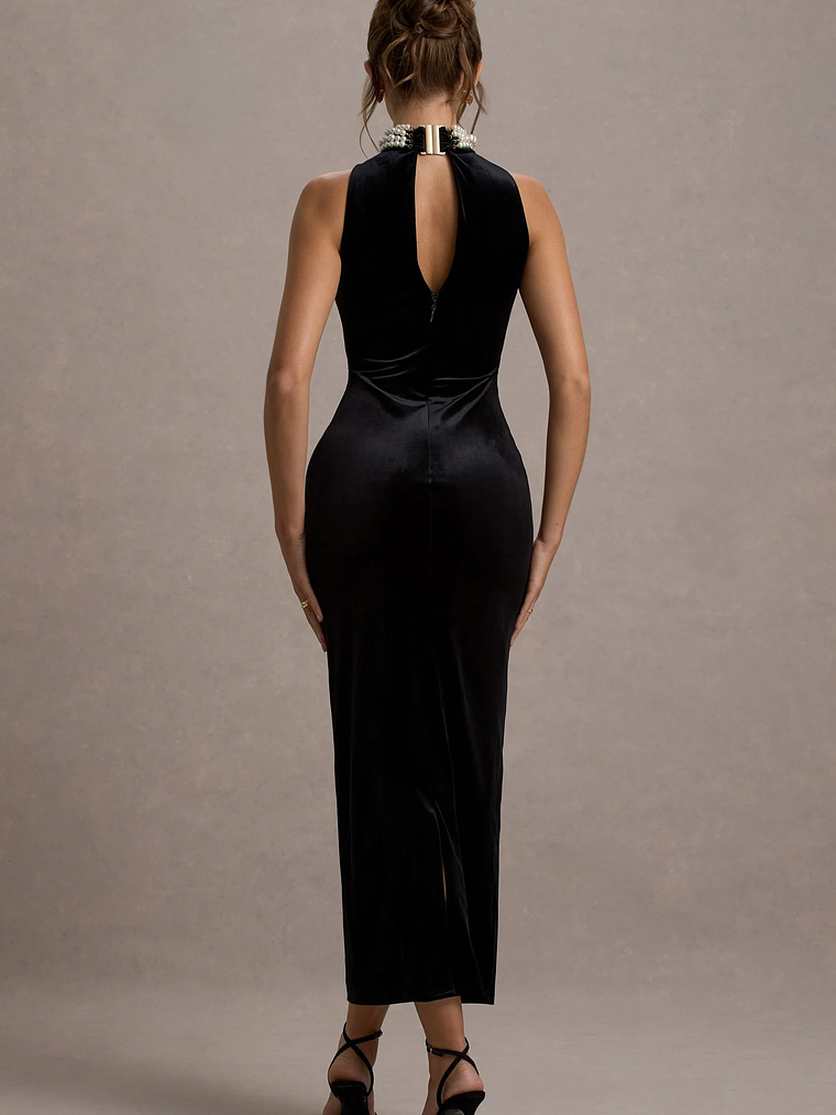Audrine | Black Velvet Embellished High-Neck Maxi Dress 2