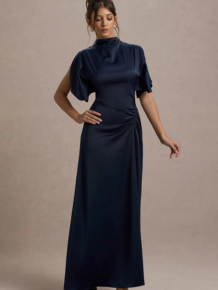 Audley | Navy Satin High-Neck Flutter-Sleeve Maxi Dress 6
