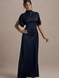 Audley | Navy Satin High-Neck Flutter-Sleeve Maxi Dress - thumbnail 6