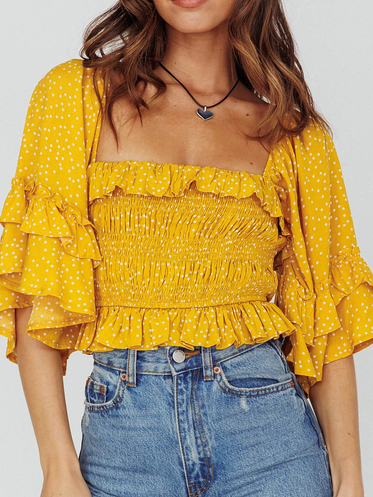 Boardwalk Bell Sleeve Crop Top Spotty Mustard 4