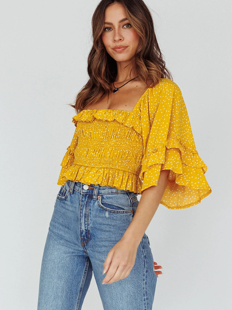 Boardwalk Bell Sleeve Crop Top Spotty Mustard 5