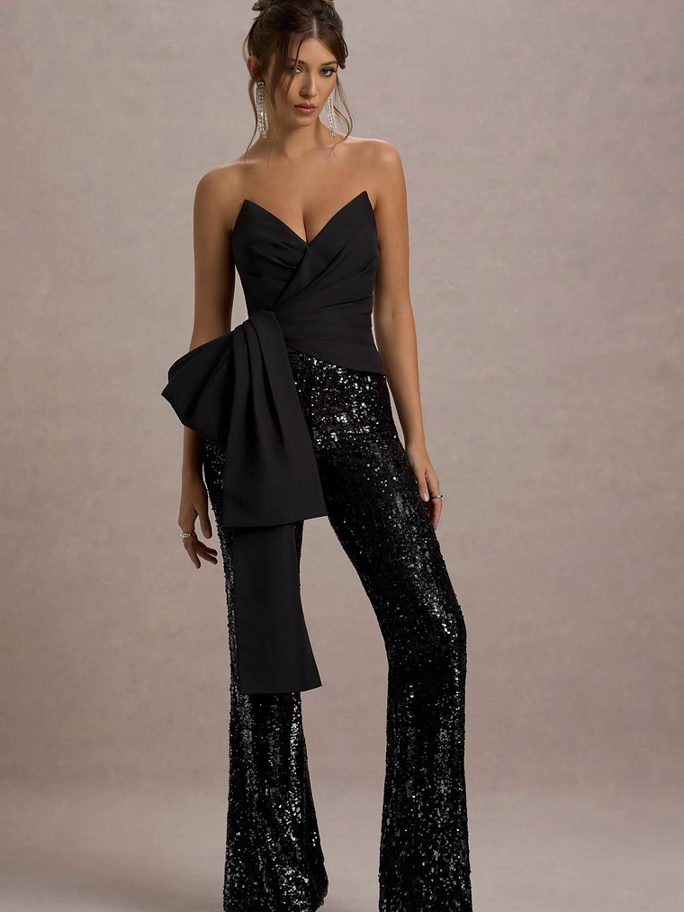 Bianco | Black Sequin Strapless Flared-Leg Jumpsuit With Drape 6