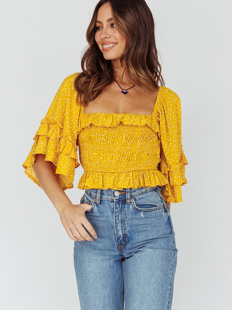 Boardwalk Bell Sleeve Crop Top Spotty Mustard 6