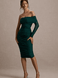 Bijou | Bottle Green Asymmetric Bardot Mesh Ruched Midi Dress - thumbnail 4