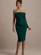 Bijou | Bottle Green Asymmetric Bardot Mesh Ruched Midi Dress - thumbnail 5