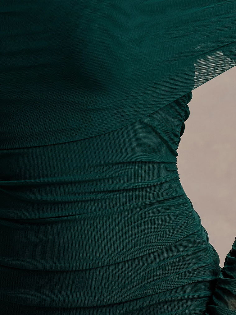 Bijou | Bottle Green Asymmetric Bardot Mesh Ruched Midi Dress 7