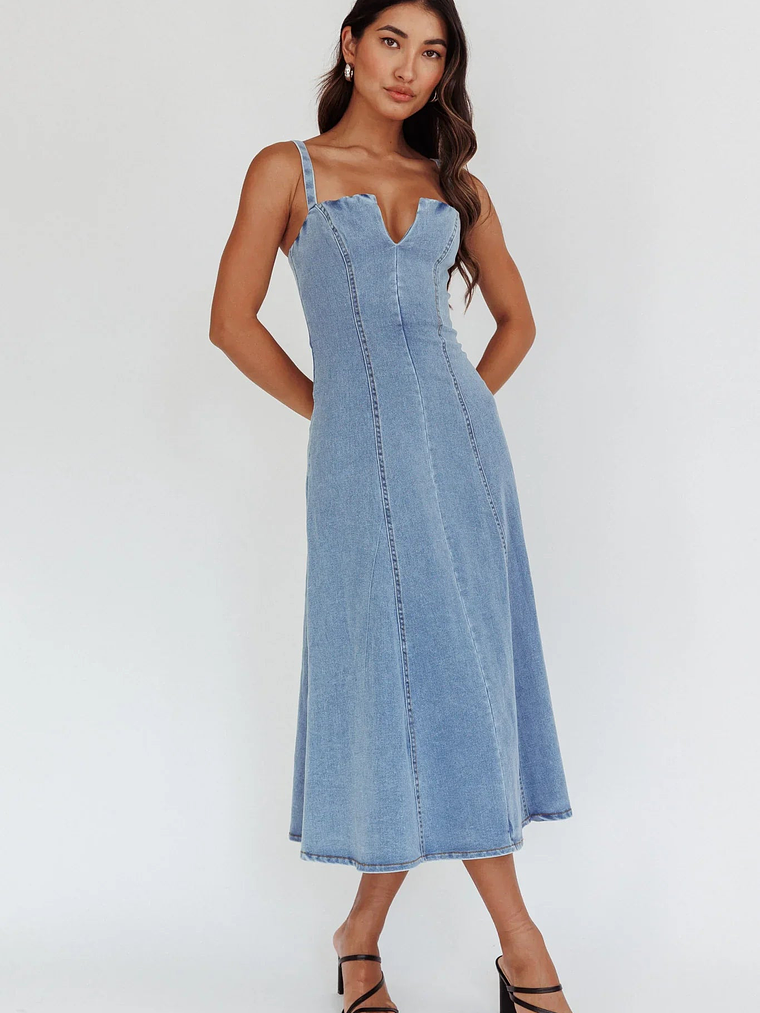 Catch My Drift A-Line Midi Dress Denim Blue 1