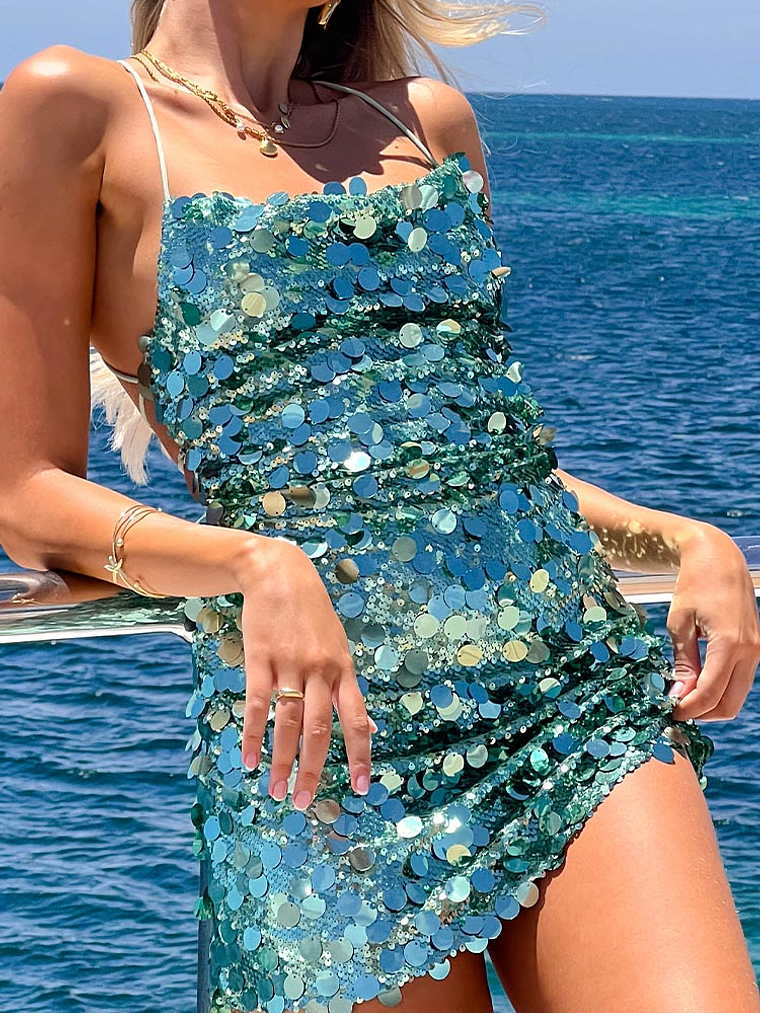 Come And Get It Aqua Sequin Party Mini Dress 1