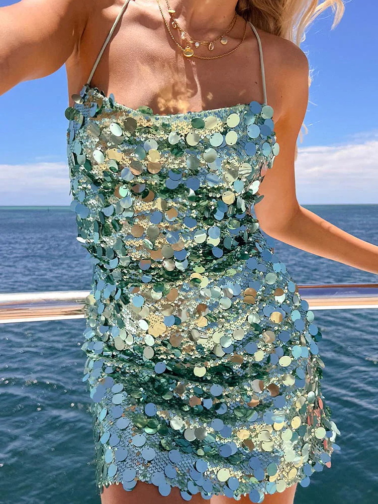 Come And Get It Aqua Sequin Party Mini Dress 9