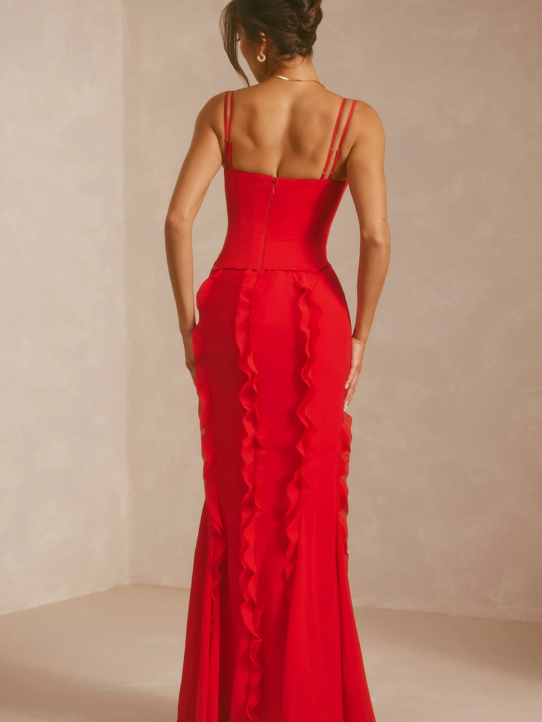 Corset Frill Skirt Maxi Dress in Scarlet Red 2