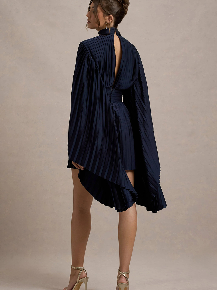 Charity | Navy Pleated High-Neck Mini Dress With Cape Sleeves 2