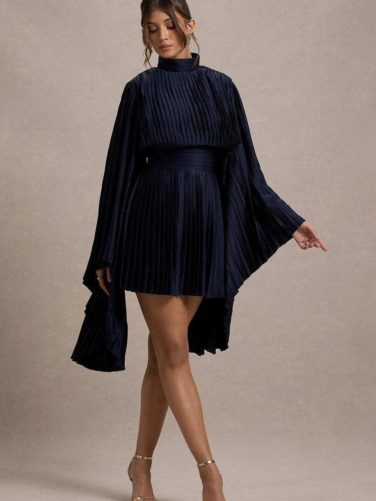 Charity | Navy Pleated High-Neck Mini Dress With Cape Sleeves 4